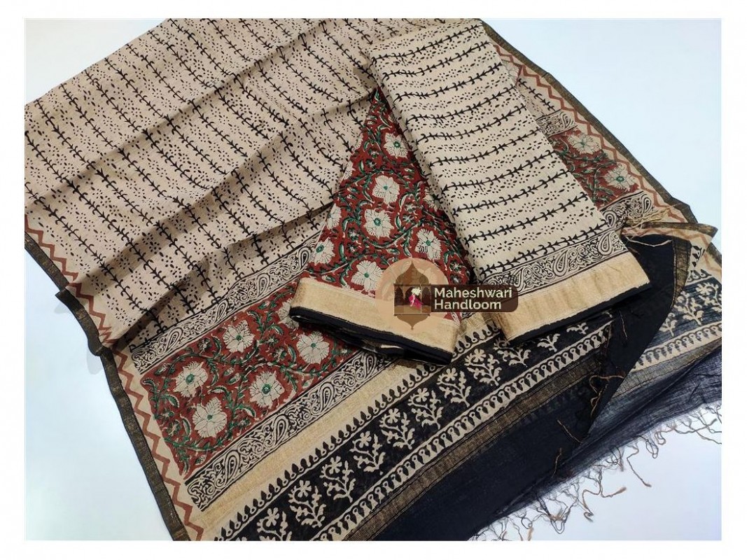 Maheshwari Maroon Red- Tussar Yellow Bagh print Bagru Suits