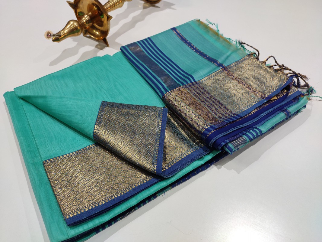 Maheshwari Sea Green zari Diamond Border saree
