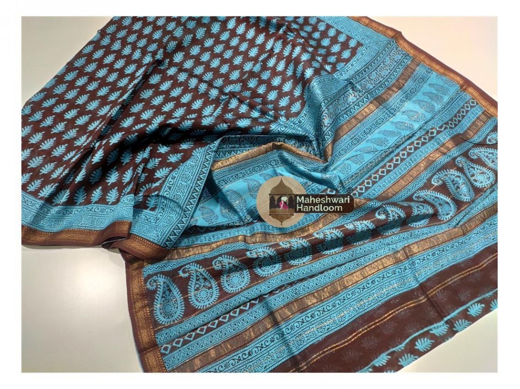 Maheshwari Sea Blue Bagh Print Saree