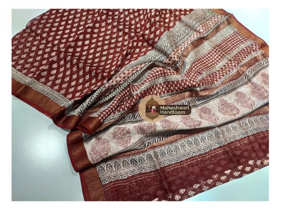 Maheshwari Maroon Red Bagh Print Saree