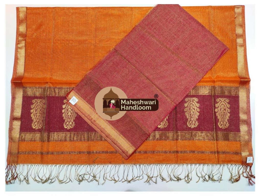 Maheshwari Red-Orange Yellow Tissue Dress Material 