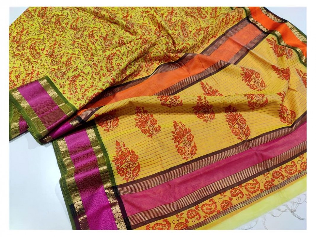 Maheshwari Yellow Handblock Printed Saree