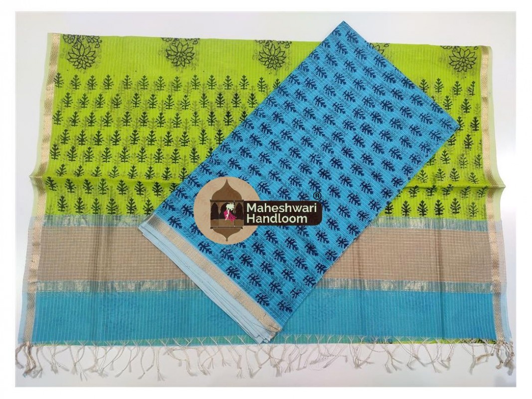 Maheshwari Sea Blue -Green Handblock Printed Suit