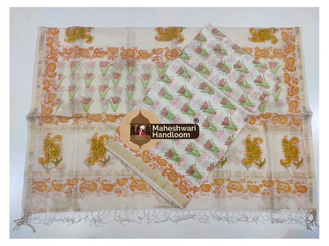 Maheshwari White Handblock Printed Suit