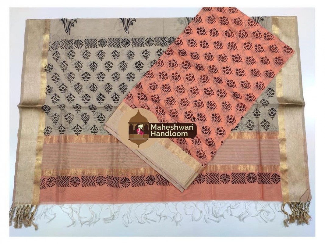 Maheshwari Orange -Tussar Handblock Printed Suit