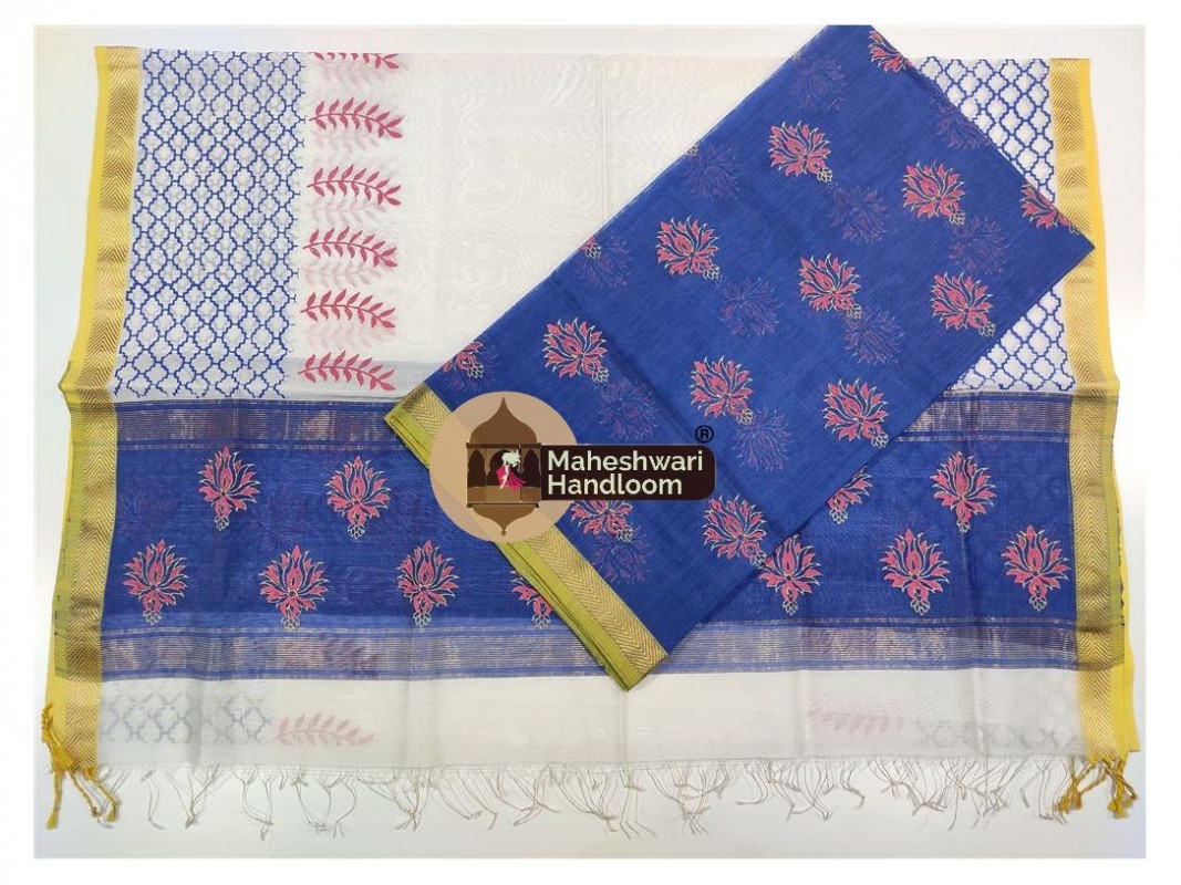 Maheshwari Royal Blue -White Handblock Printed Suit 