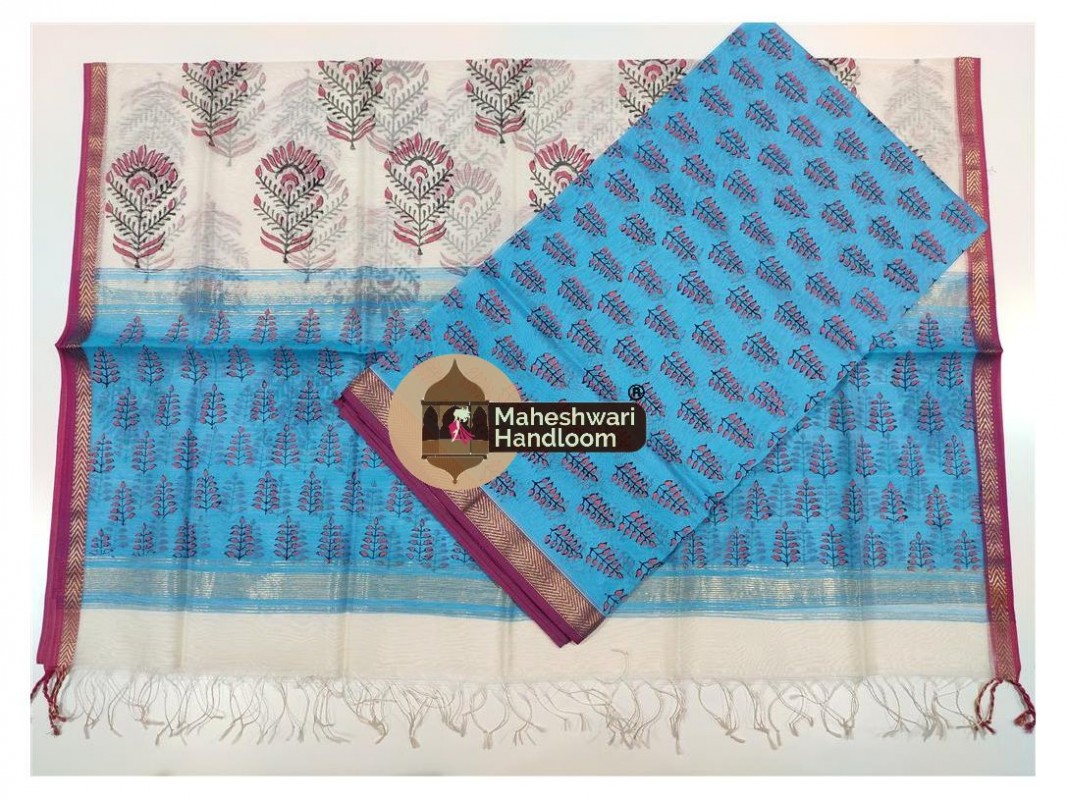 Maheshwari Sea Blue -Offwhite Handblock Printed Suit