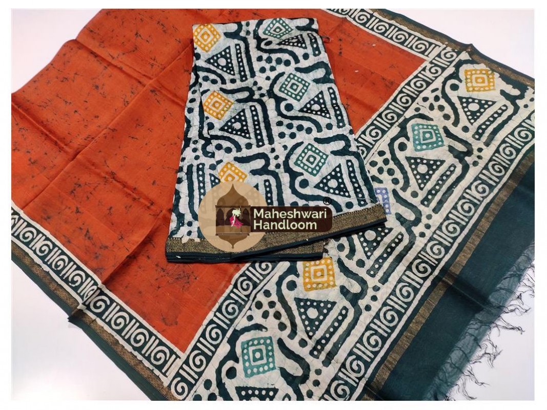 Maheshwari White-Orange Batik Print Dress Material