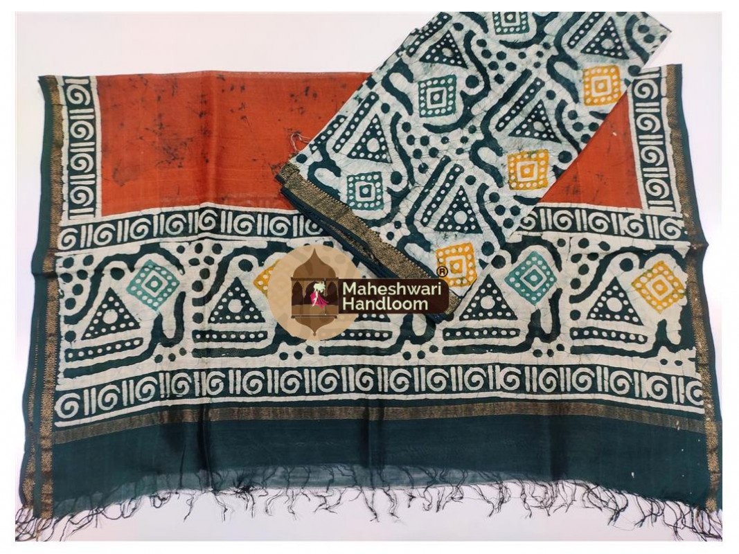 Maheshwari White-Orange Batik Print Dress Material
