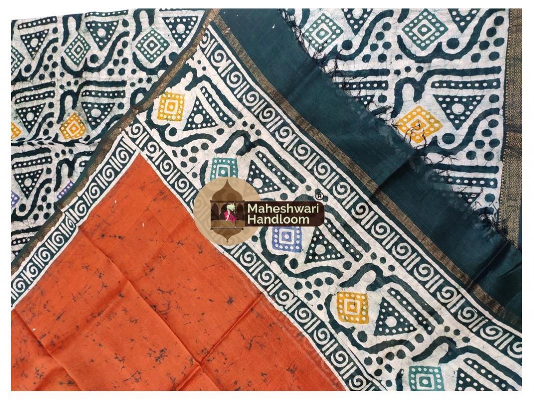 Maheshwari White-Orange Batik Print Dress Material