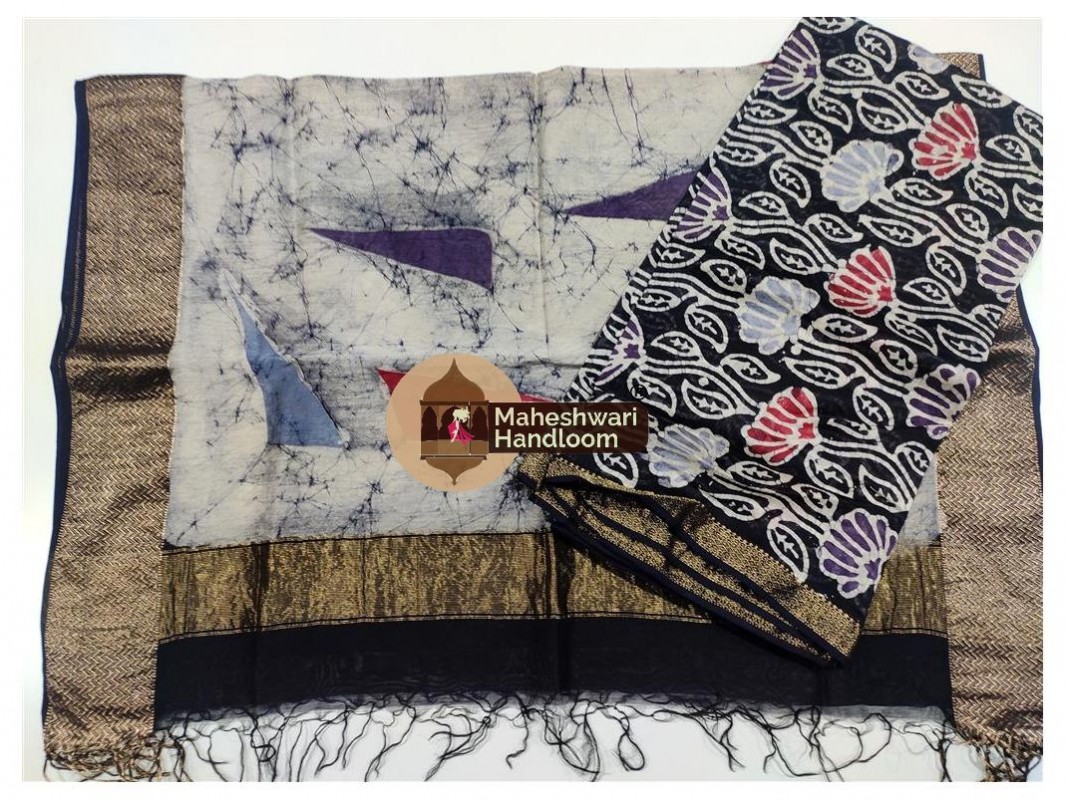 Maheshwari Black-white Batik Print Dress Material