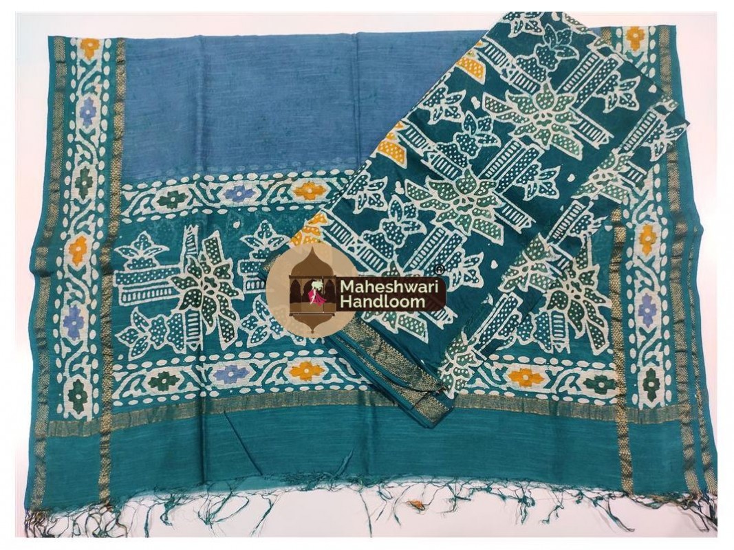 Maheshwari German Blue-Rama Green Batik Print Dress Material
