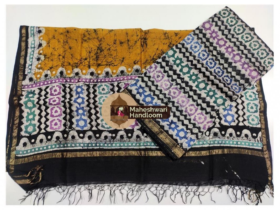 Maheshwari White-Yellow Batik Print Dress Material