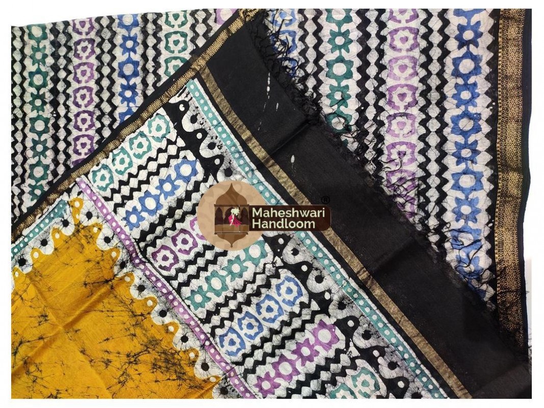 Maheshwari White-Yellow Batik Print Dress Material