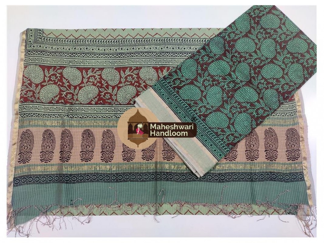 Maheshwari Pista Green-White Print Dress Material