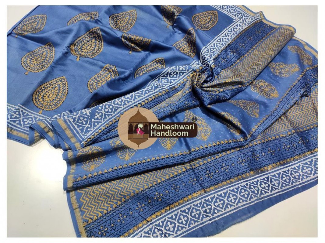 Maheshwari Blue Bagru Print saree