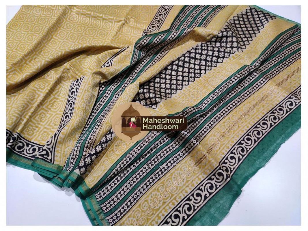 Maheshwari Light Yellow Bagru Print saree