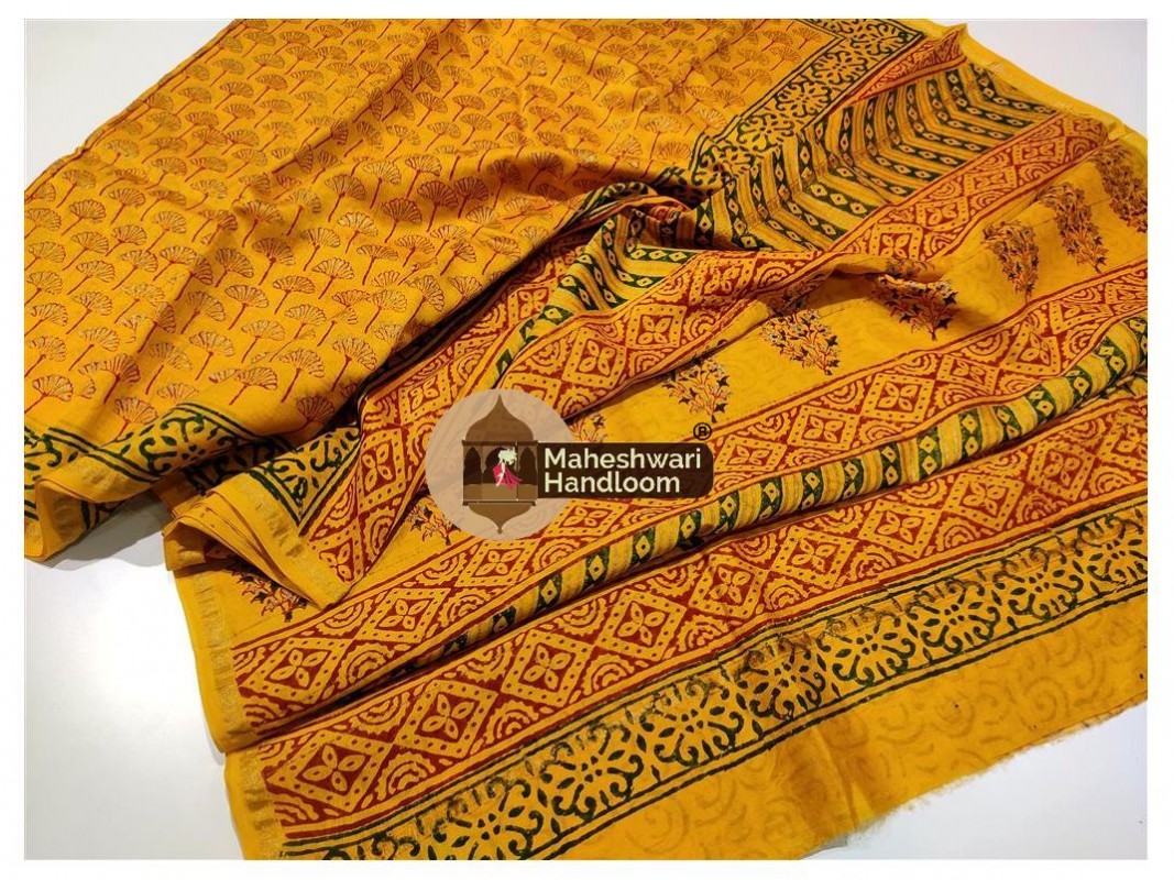 Maheshwari Yellow Bagru Print saree 