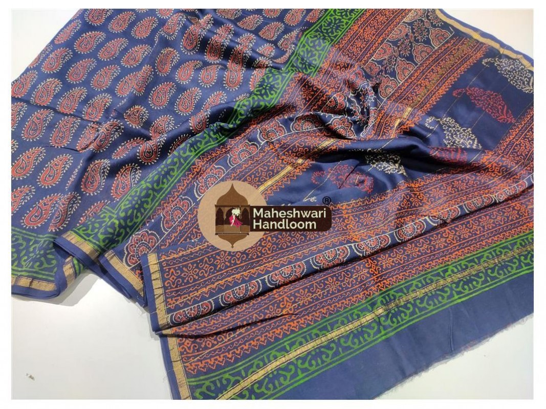Maheshwari Blue Bagru Print saree