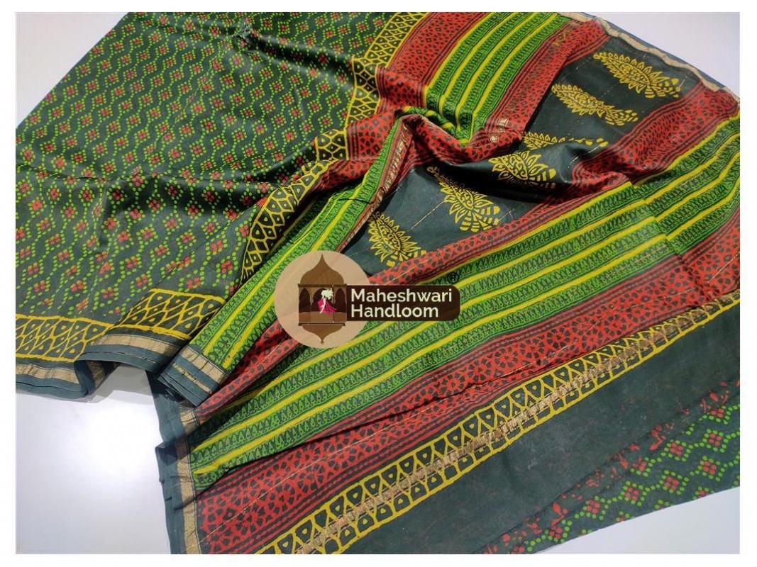 Maheshwari Rama Green Bagru Print saree