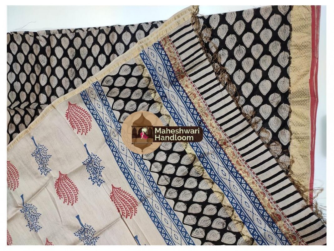 Maheshwari Black-Tussarwhite Bagru Print Dress Material
