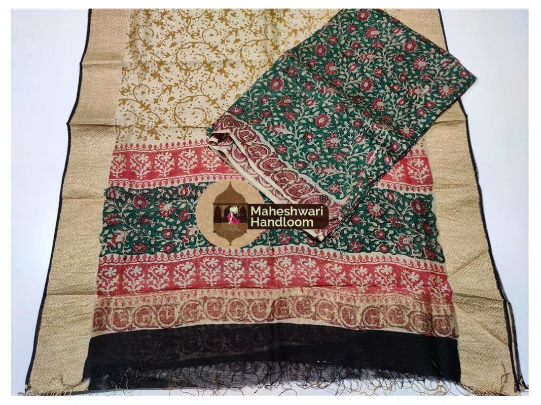 Maheshwari Rama Green-Tussarwhite Bagru Print Dress Material