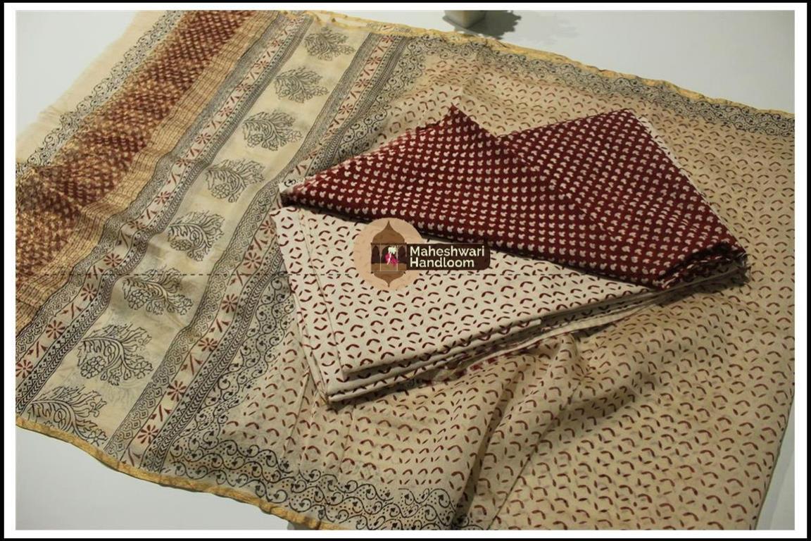 Maheshwari Maroon Red -White  Red Bagh print Silk Cotton Suits