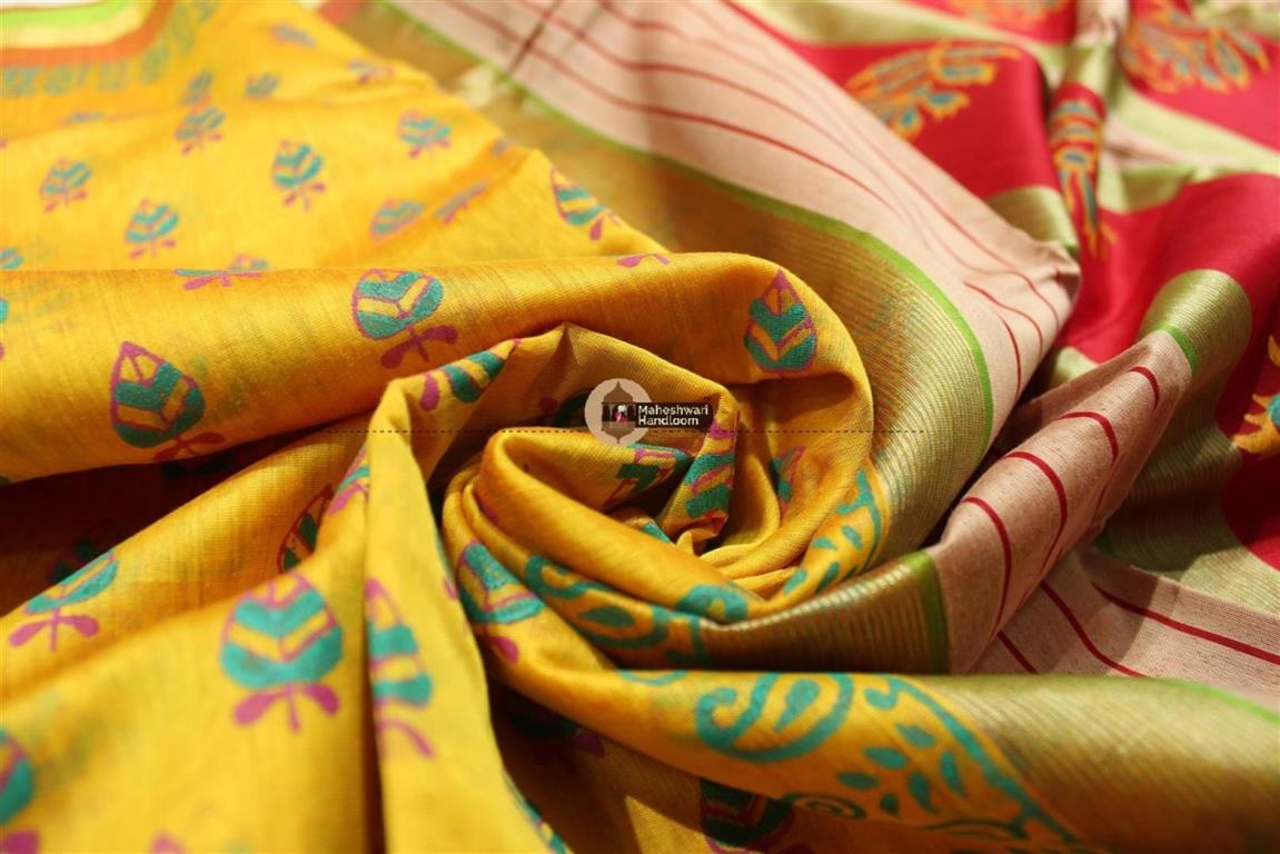 Maheshwari Yellow Handblock Printed Saree