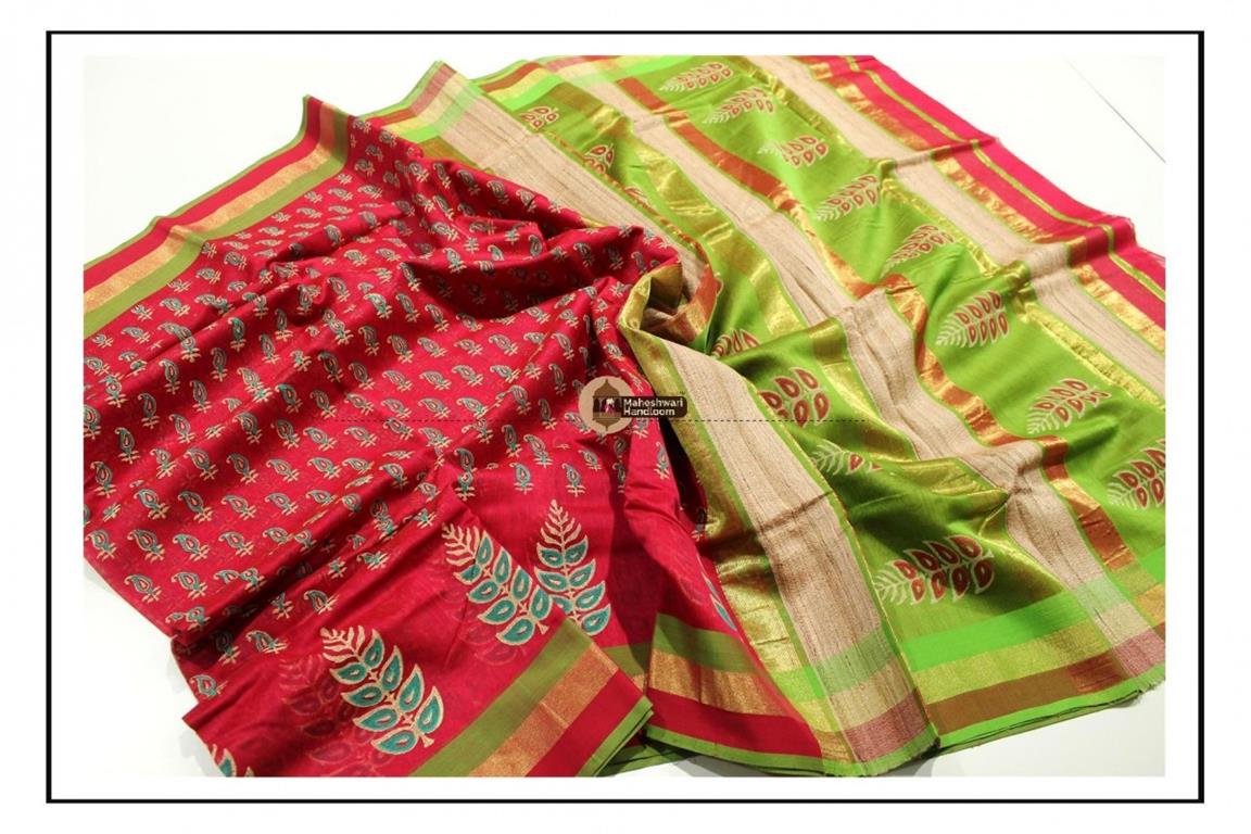Maheshwari Red Handblock Printed Saree