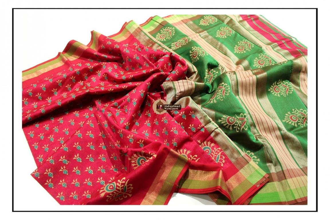 Maheshwari Dark Pink Handblock Printed Saree