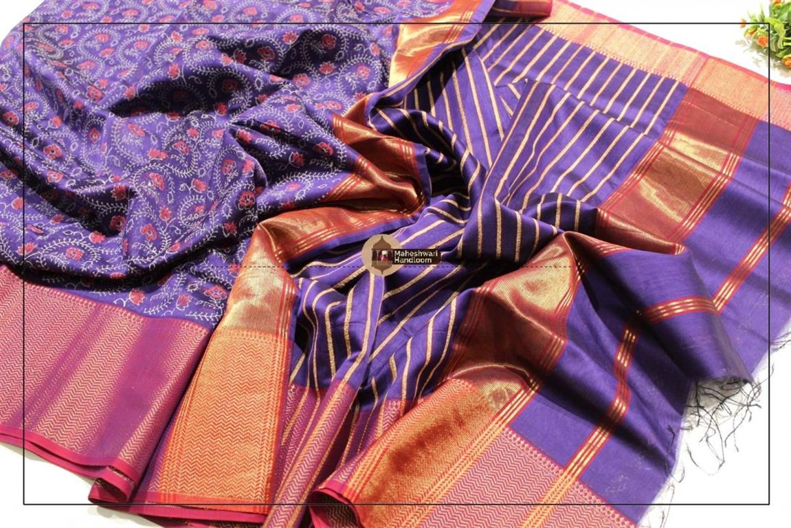 Maheshwari Blue Handblock Printed Saree