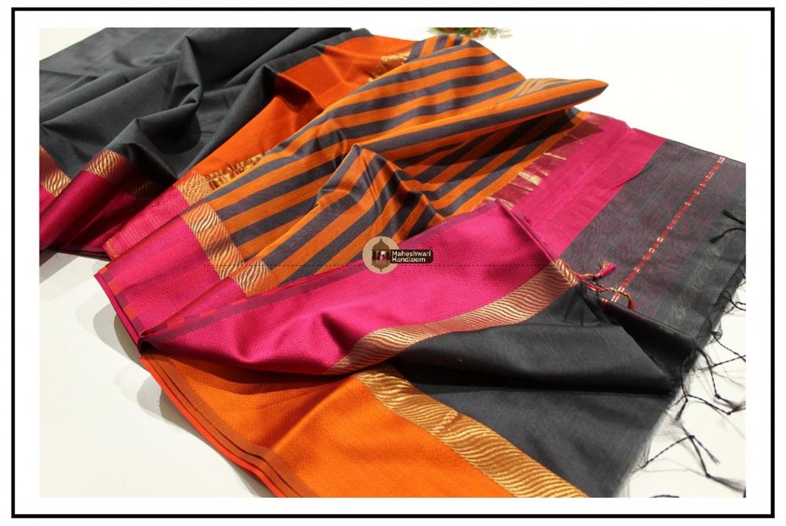 Maheshwari Charcol Black Ganga jamuna Border Saree