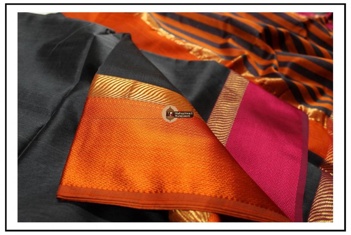 Maheshwari Charcol Black Ganga jamuna Border Saree