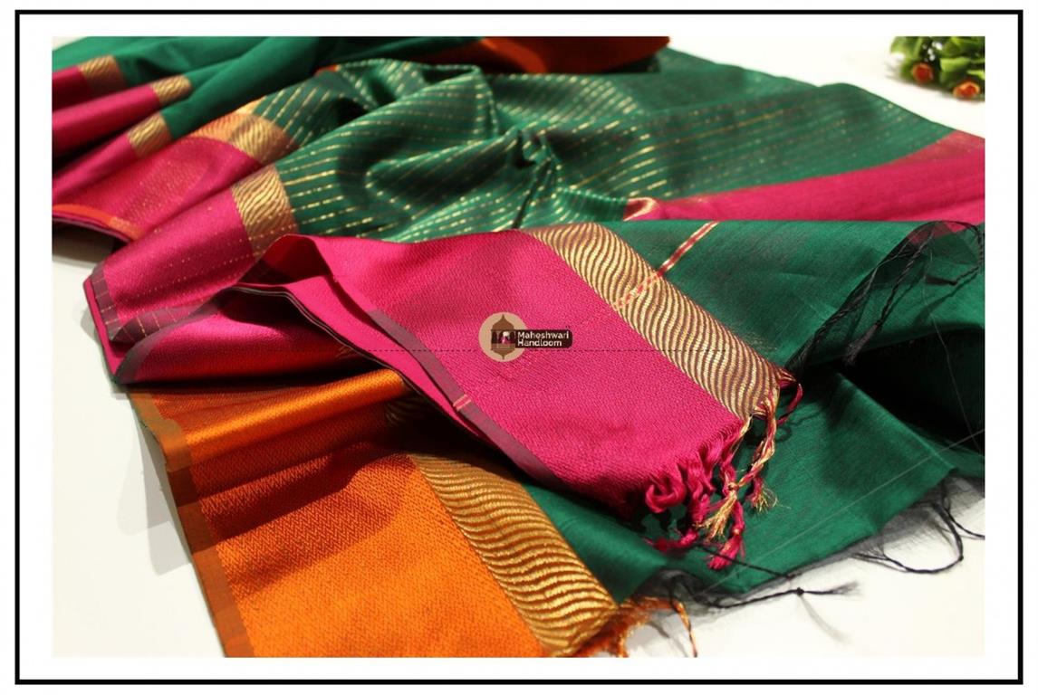 Maheshwari Chutney Green Ganga Jamuna Border saree 