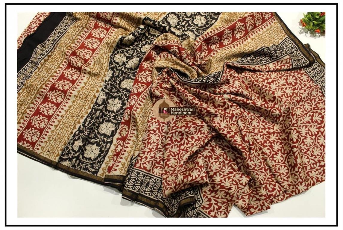 Maheshwari Maroon Red Batik Print saree