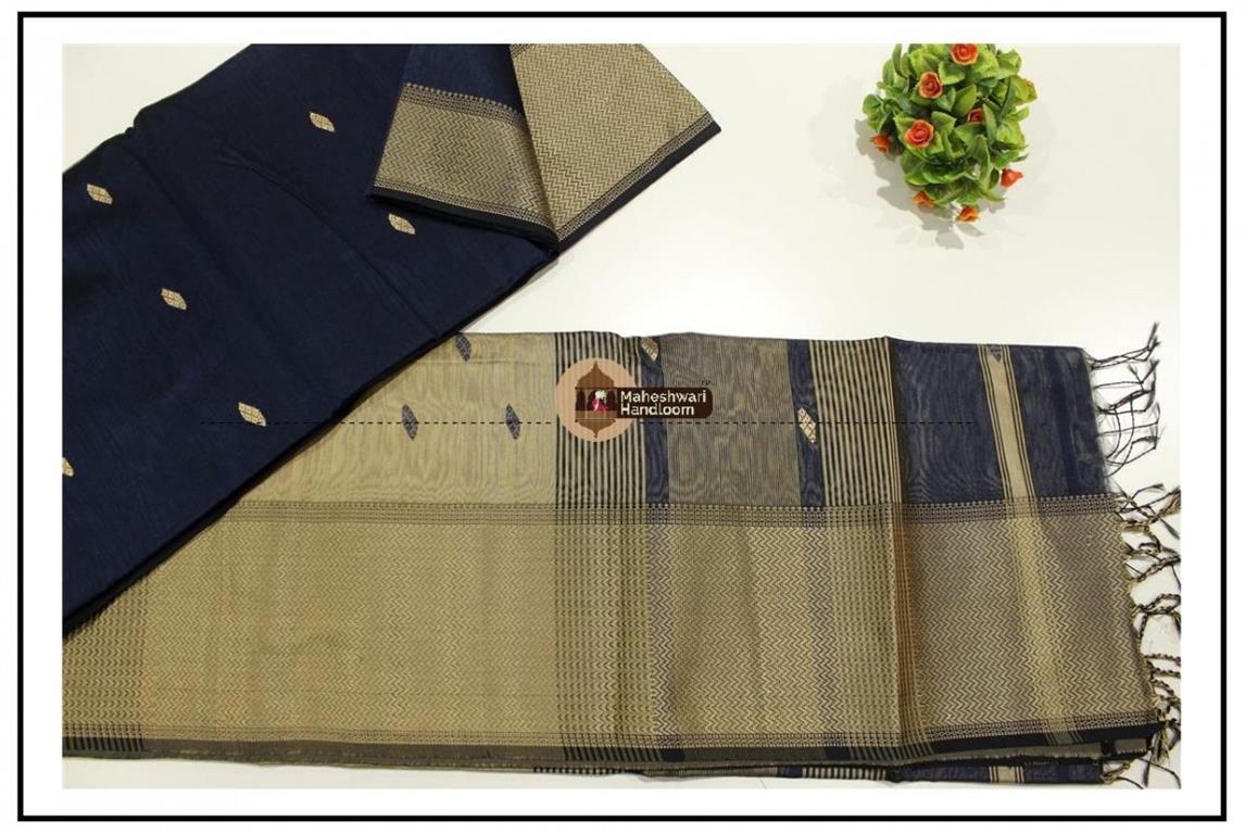 Maheshwari Navy Blue  Resham Buti- Motifs Saree
