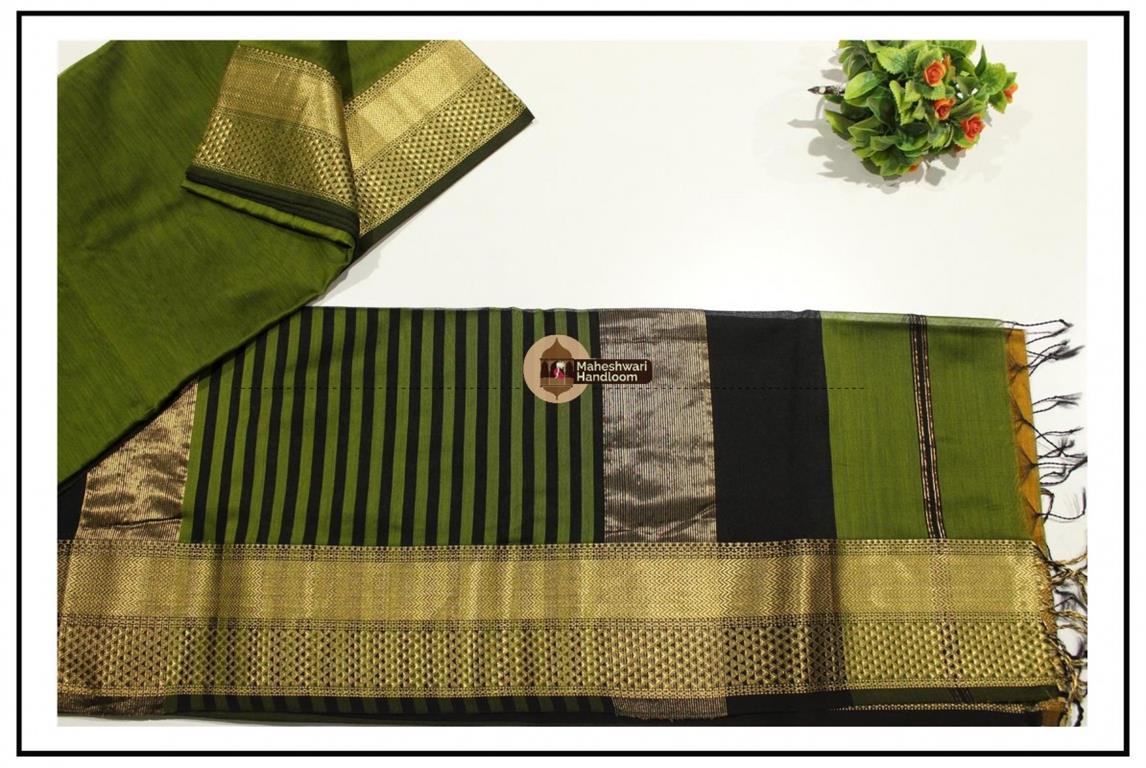 Maheshwari Green Jari Diamond Chatai Saree 