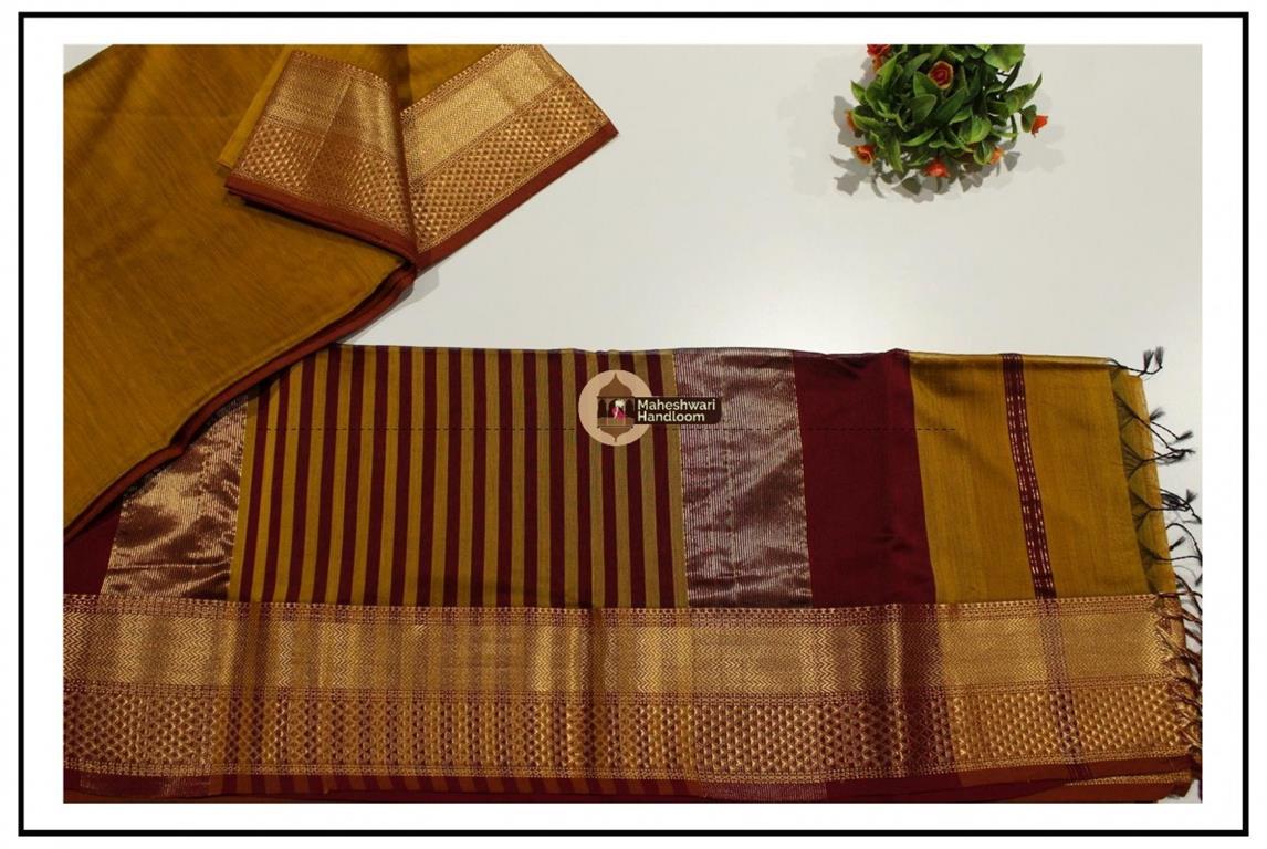 Maheshwari  Mustard Yellow Jari Diamond Chatai Saree