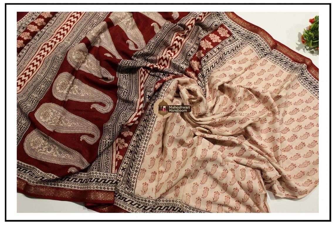 Maheshwari White Bagh Print Saree