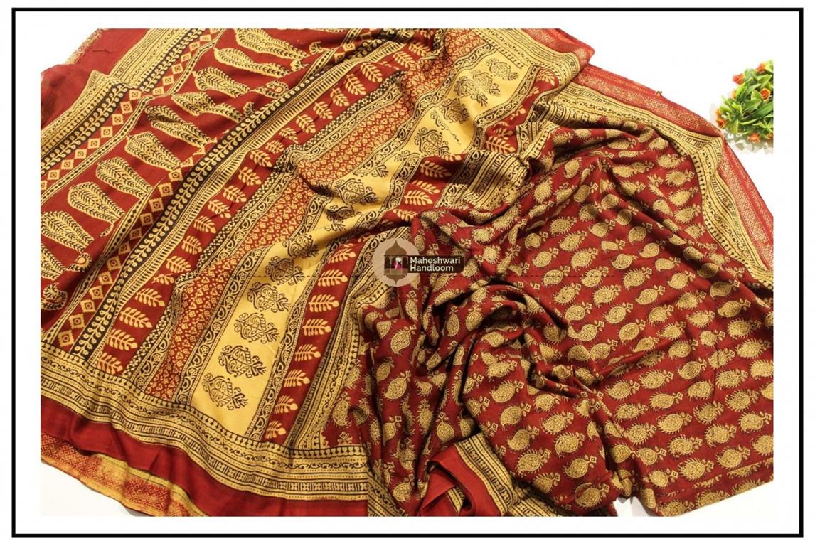 Maheshwari Maroon Red Bagh Print Saree