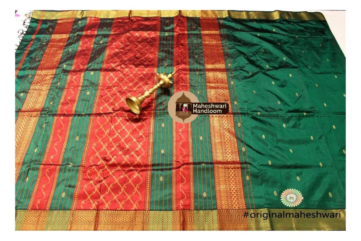Maheshwari Green Pure Silk Saree