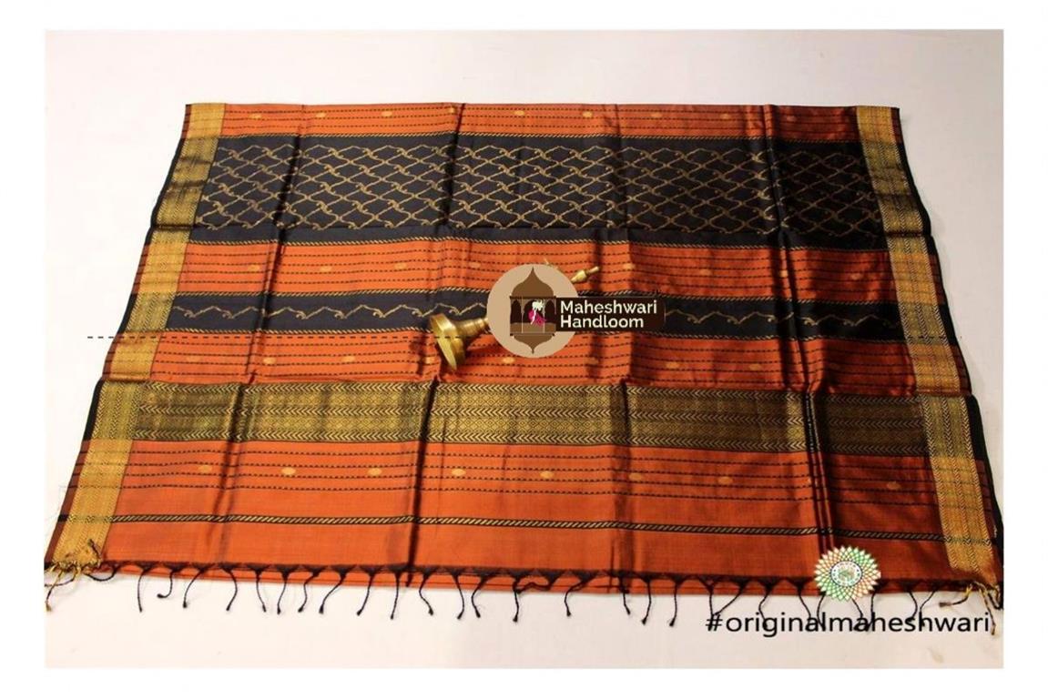 Maheshwari  Rust Orange Pure Silk Saree