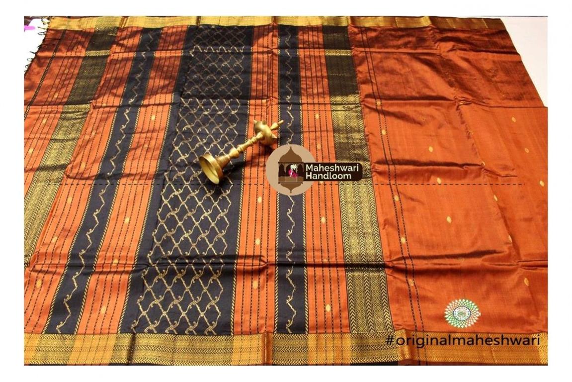 Maheshwari  Rust Orange Pure Silk Saree