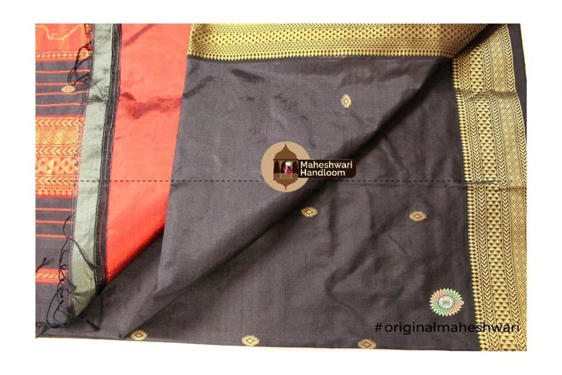 Maheshwari Black Pure Silk Saree