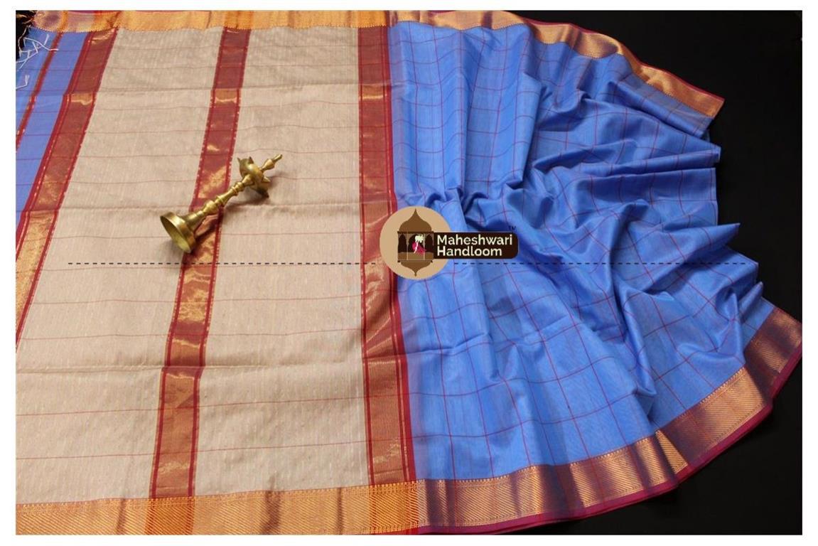 Maheshwari German Blue Self Checks Body Saree 