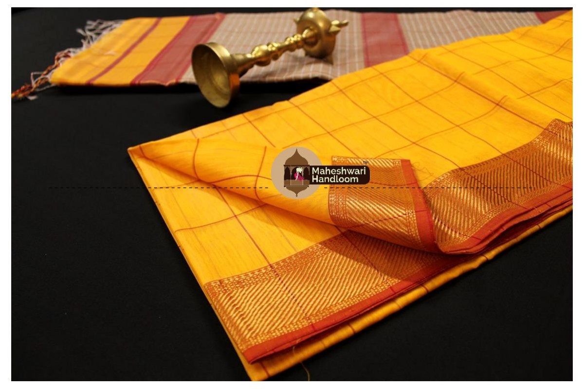 Maheshwari Yellow Self Checks Body Saree