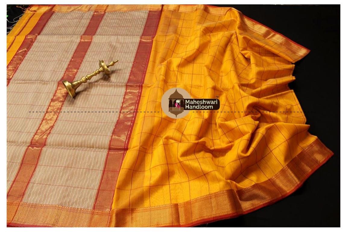 Maheshwari Yellow Self Checks Body Saree