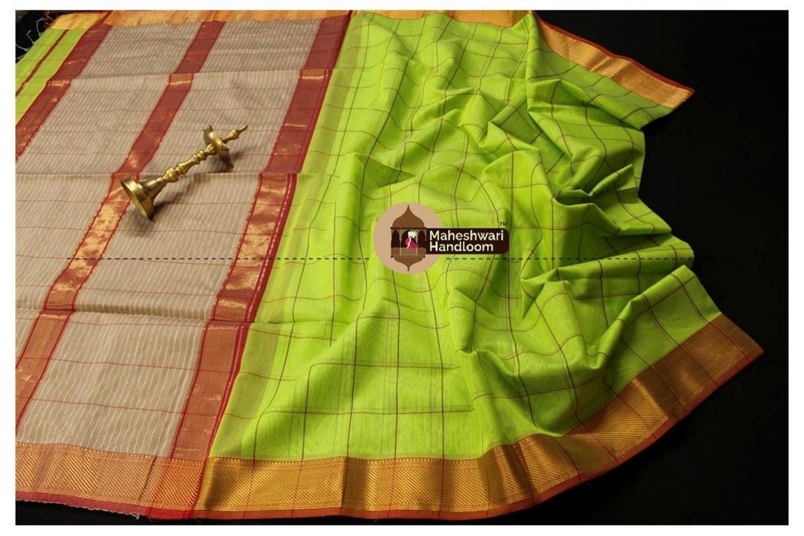 Maheshwari Parrot Green Self Checks Body Saree