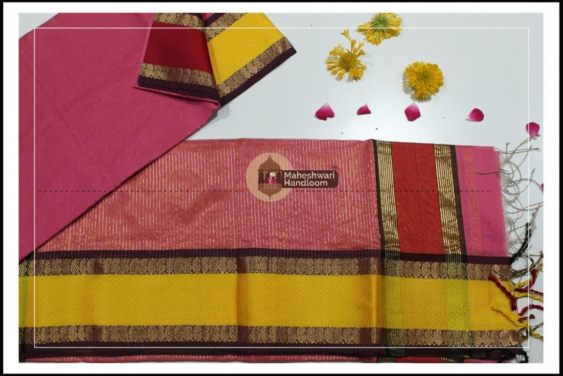 Maheshwari Pink Keri buti Border Saree