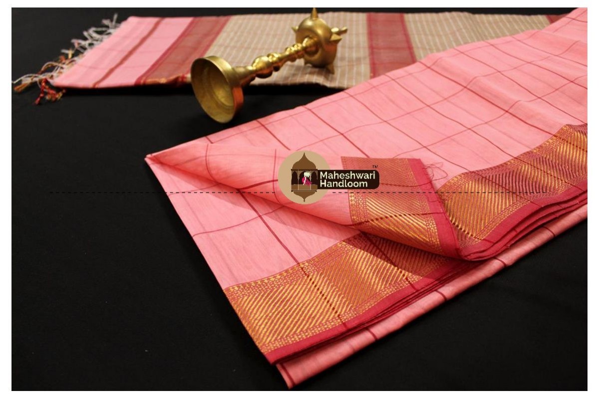 Maheshwari Dark Pink Self Checks Body Saree